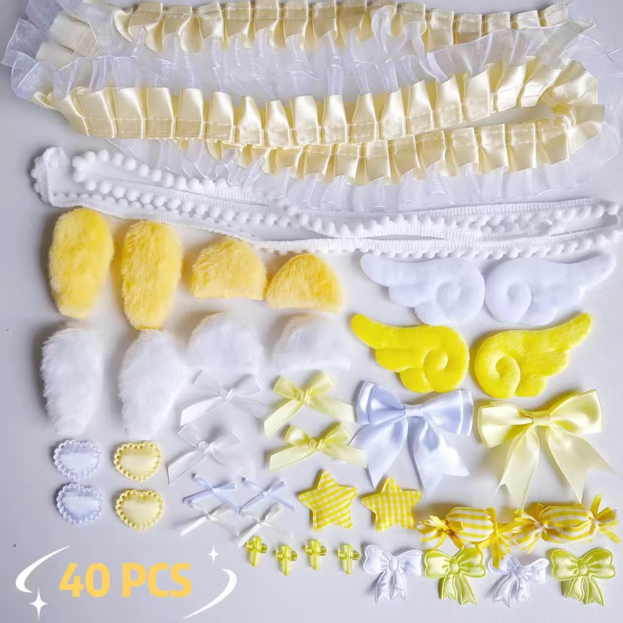 40-teiliges handgefertigtes Spitzenmaterial-Set, Spitzen-Plüsch-Hasenohren, Engelsflügel-Zubehör, Kleidungszubehör, Herz- und Stern-Dekoration – Detail 4