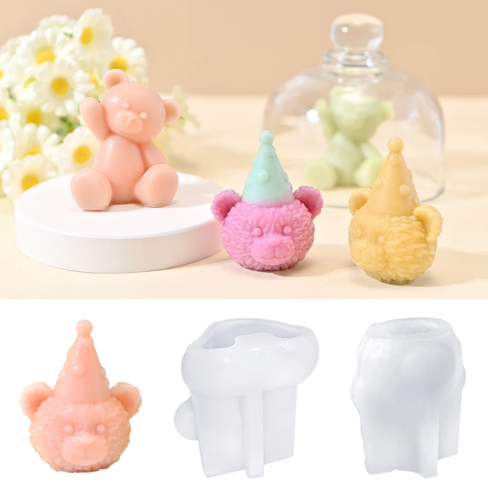 LZ059 3D Birthday Hat Teddy Bear Candle Silicone Mold DIY Bear Resin Chocolate Fondant Baking Cake Molds