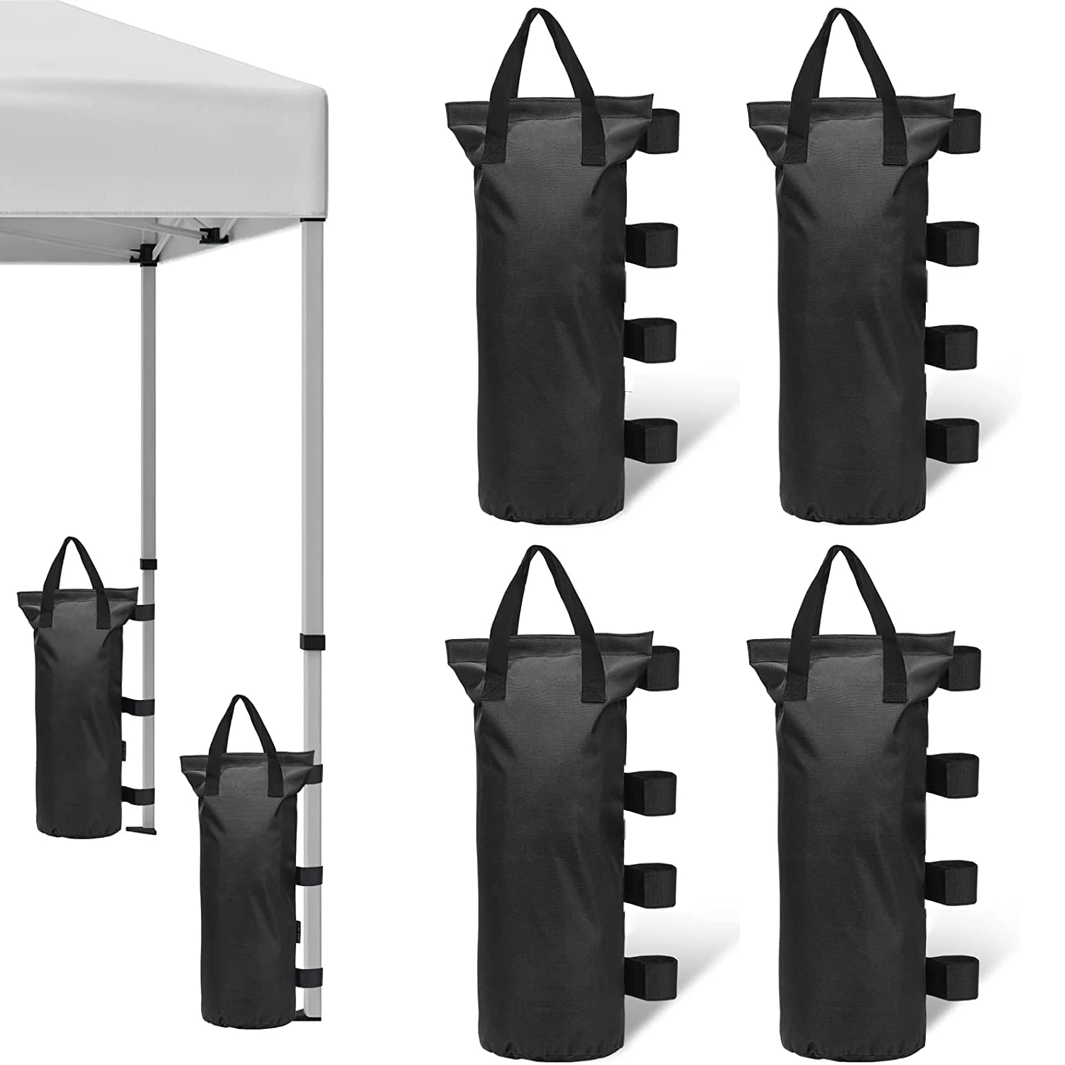 Lot de 4 sacs de sable en tissu Oxford résistant aux déchirures avec sangles – Sacs de poids robustes pour auvents, patios extérieurs et tentes |   Conception à remplissage facile |   Portable et réutilisable pour les auvents, les patios extérieurs et les tentes, pour le camping, les marchés et les événements
