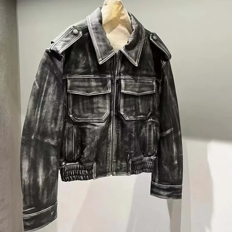 ใหม่ 2025 ของแท้หนังหนังผู้ชายแฟชั่น Turn-Down COLLAR แขนสั้น Handwear ฝีมือสั้นความยาวแขนยาว