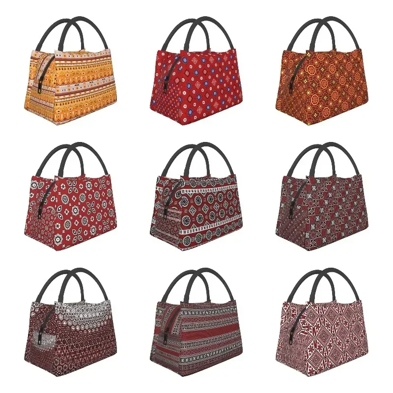 

Pakistan Ajrak Print Insulated Lunch Bags for Women Ethnic Tribe Culture Cooler Thermal Lunch Tote Beach Camping Travel