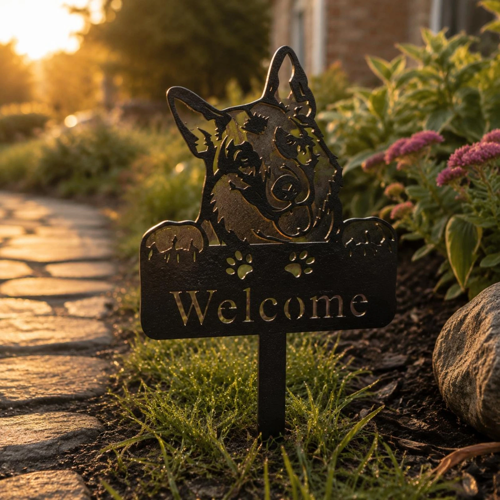 Paw Print Welcome Sign Flat Garden Stake Sign Outdoor Decor Easy to Install