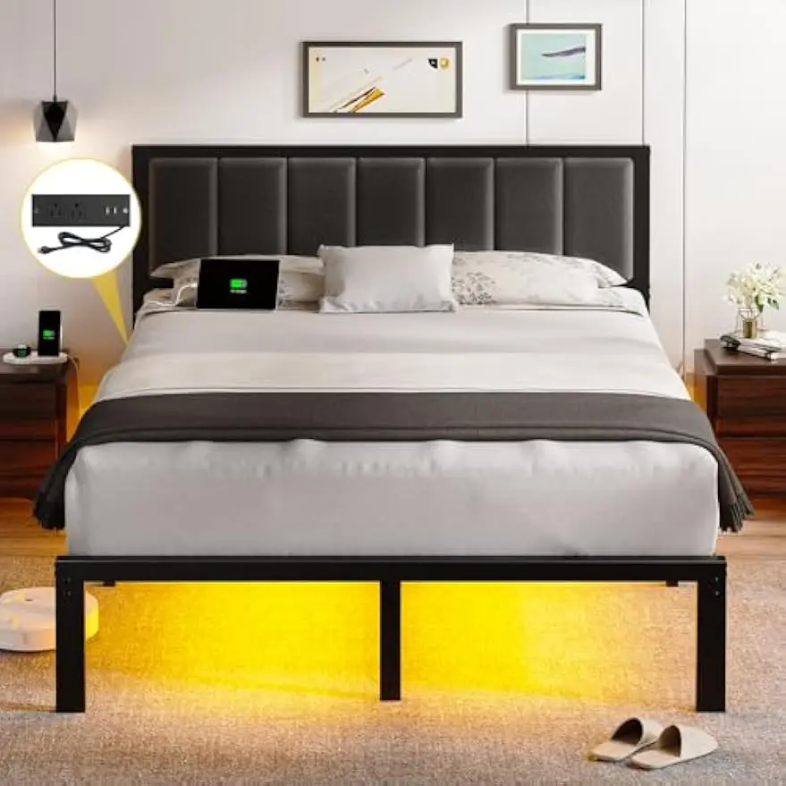 

Queen Bed Frame with Headboard Metal Platform Bed Queen Size with USB Charging Station and LED Lights, No Box Spring Needed