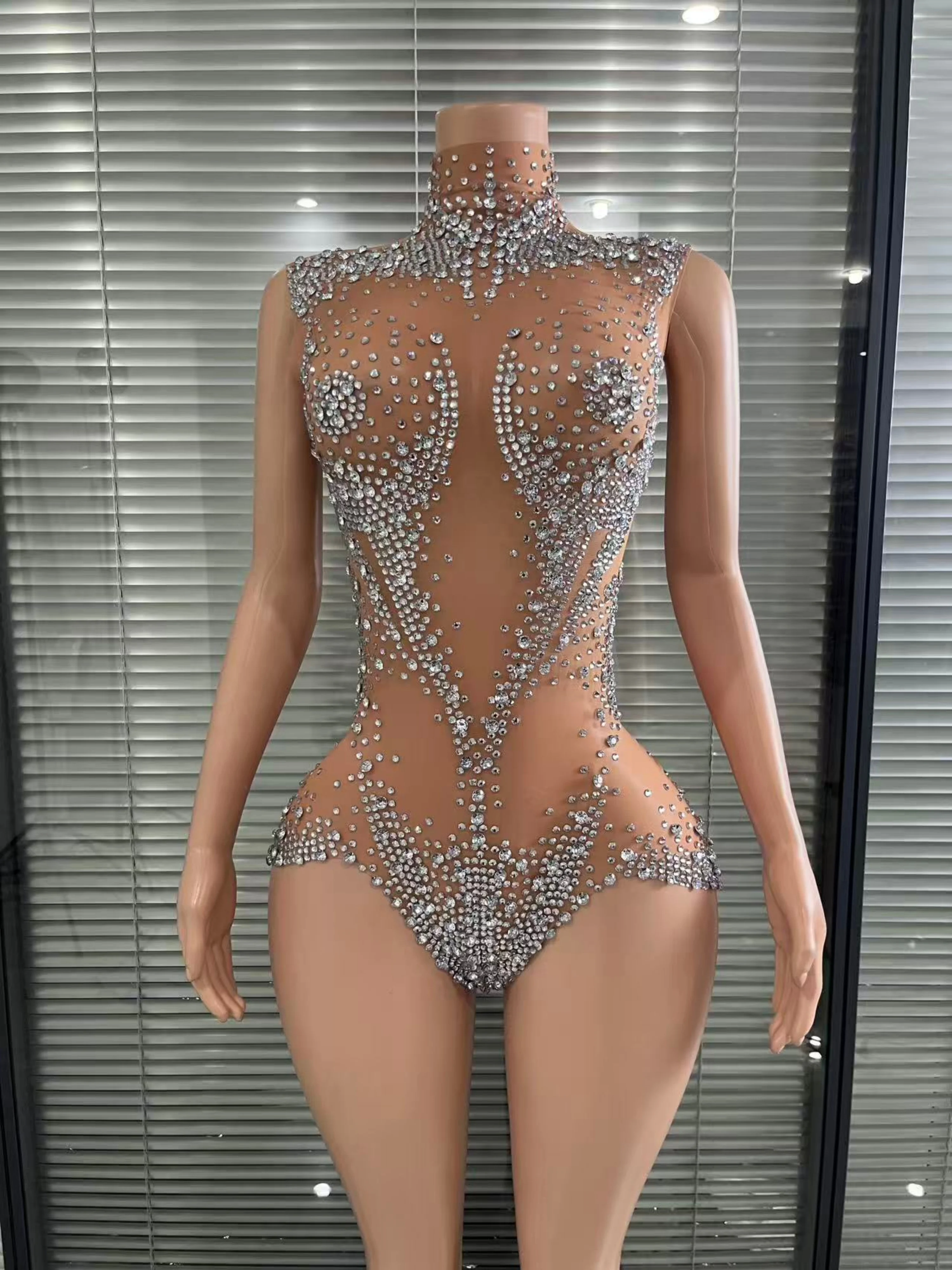 

Glamorous Diamonds Sexy Perspective Sleeveless Sheath Bodysuit Evening Party Performance Costume Nightclub Cocktail Party Wear