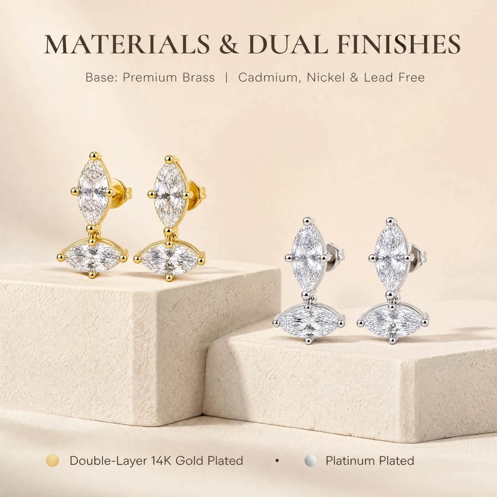 Moonmory Minimalistisches, einzigartiges Design, doppelte Marquise-Ohrstecker für Damen, 5A Kubikzirkonia, 5x10mm, 14k doppelt vergoldet – Detail 5