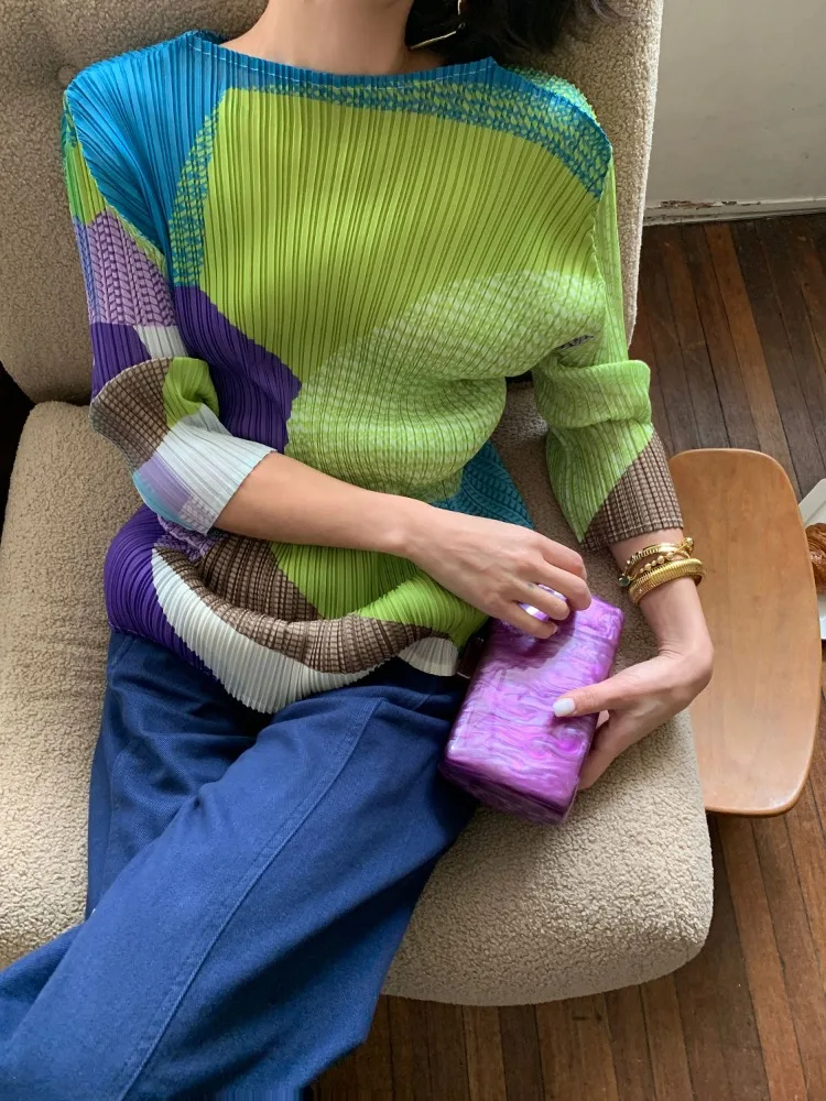 Luxury Design Patchwork Pleated T-Shirts Women Spring Summer Tops Office Lady Outerwear Brand 3/4 Sleeve Tees Tredny Harajuku