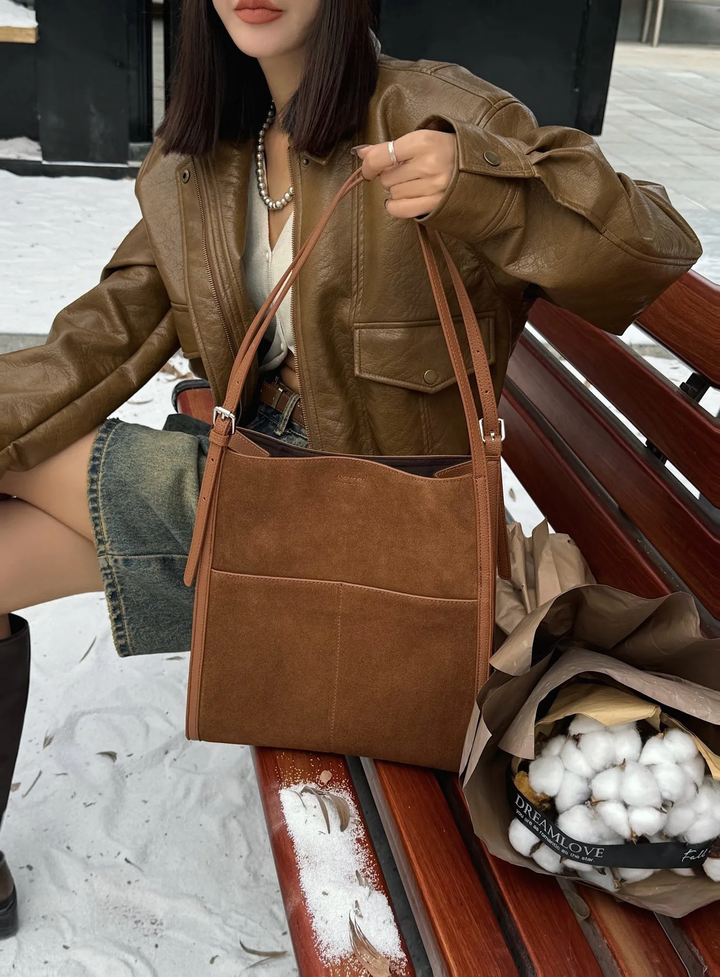 2025 new genuine leather women's bag spliced ​​multi-pocket large-capacity tote bag handbag shoulder bag armpit bag high-quality