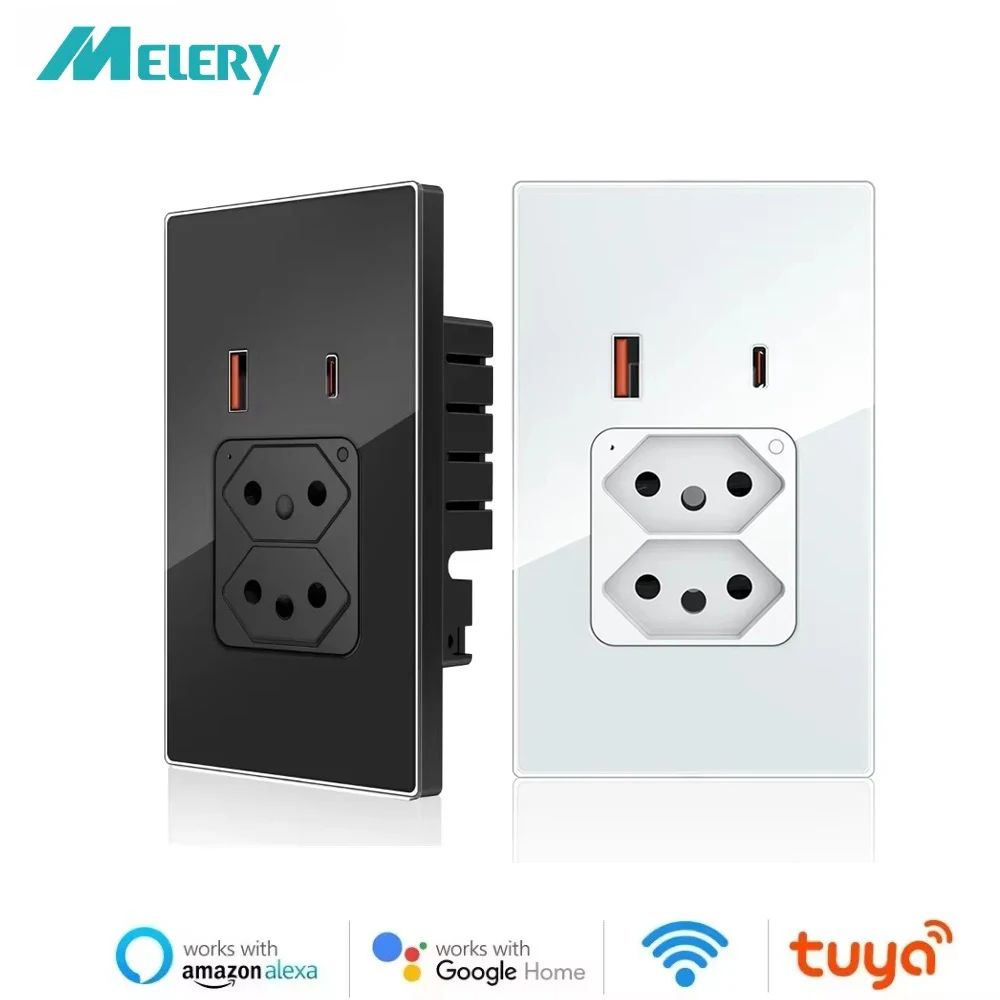 Melery Tuya Brazil Plug 10A 20A WIFI Wall Socket USB Type-C PD 30W Smart Outlet Glass Panel Voice Remote by Google Home Alexa