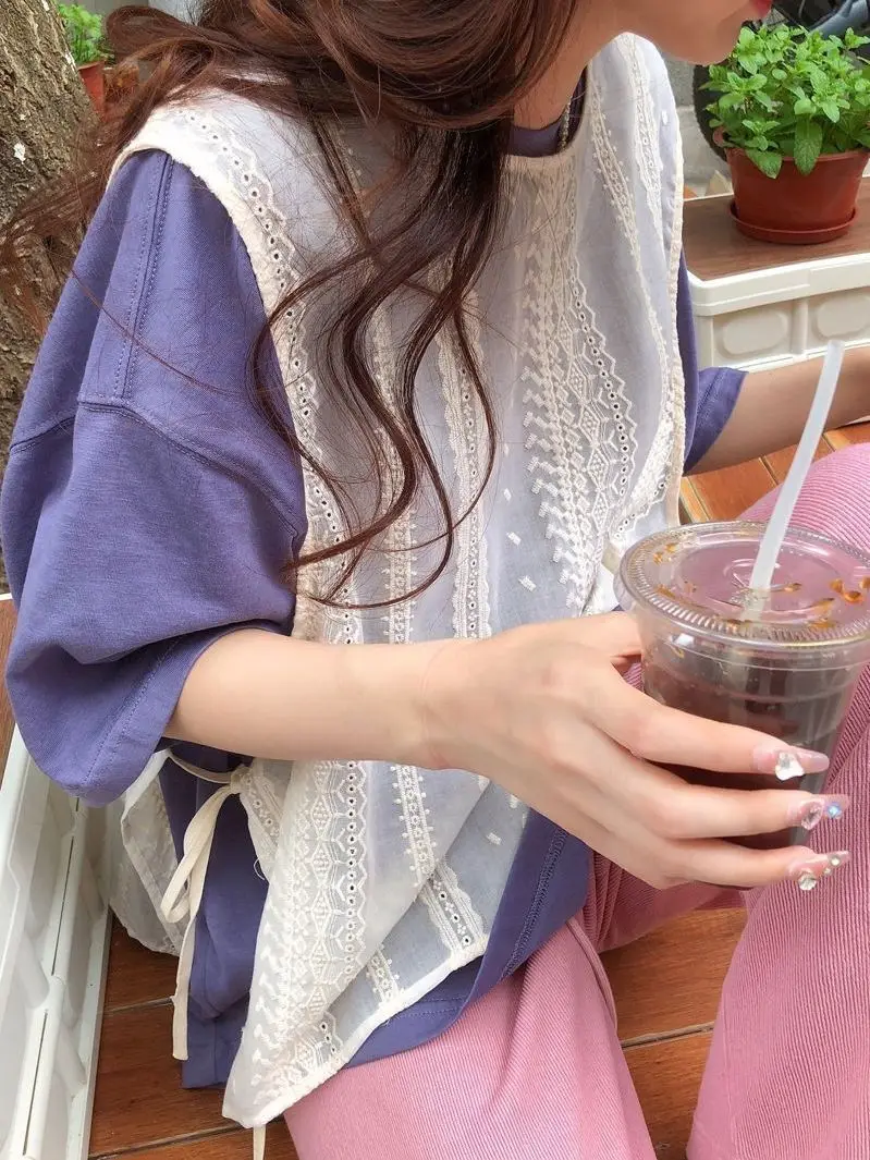 

Embroidered Lace Small Shoulder Vest Women's Summer Thin Loose Belted Hollow out Lightweight Sun Protection Cover up