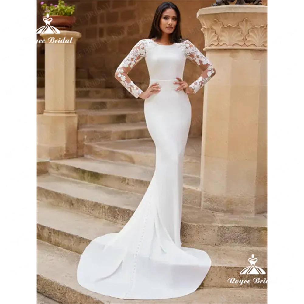 Roycebridal O Neck Abito da sposa a sirena 2025 Abito da sposa in pizzo a maniche lunghe con strascico personalizzato vestido de noivavestido femini