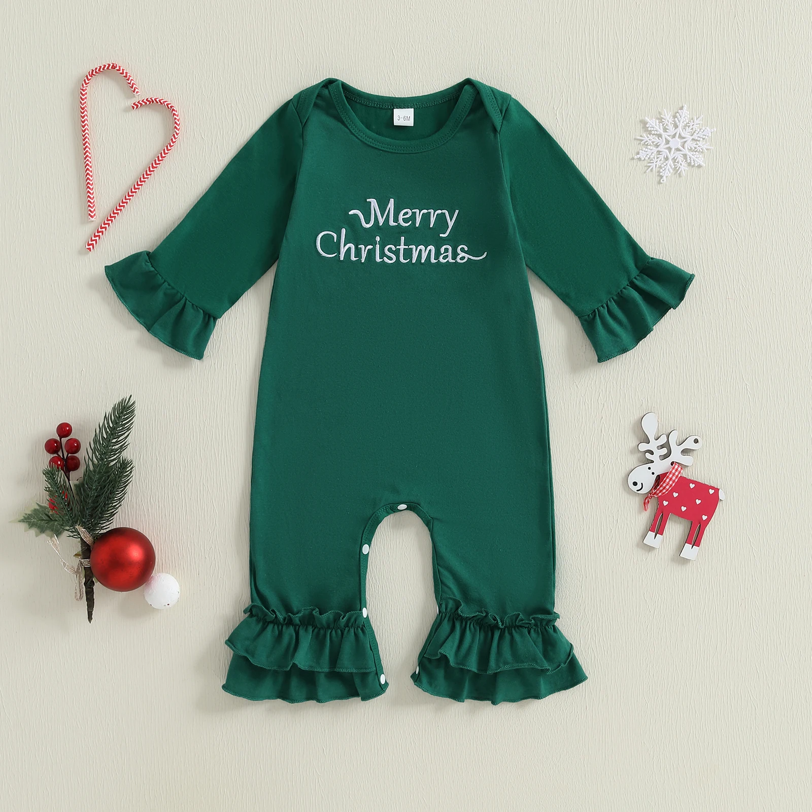 

Infant Holiday with Ruffle Sleeves and Festive Embroidered Design - Round Neck Baby Girl Christmas Romper for the Season