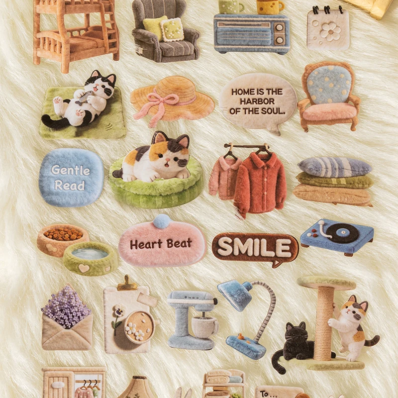 Mr.Paper 30Pcs/Bag Plush Home Series Hard Card Sticker Cute Cat & Home Decor for DIY Journal Scrapbook Dairy Photo Frame Making - view 2