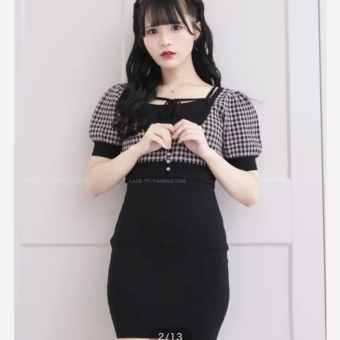 Japanse Stijl Elegante Plaid Lace-up Bladerdeeg Mouw Korte Vest Tops Mouwloze Hoge Taille Slanke Sling Jurk Tweedelige sets Vrouwen