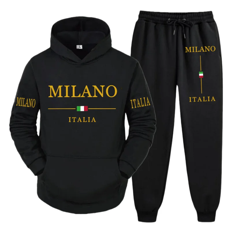 

Mens Milano Italia Printed 2-Piece Set – Fall/Winter Casual Hoodie & Pants with Pockets, Italian Fashion Streetwear Trendy Set