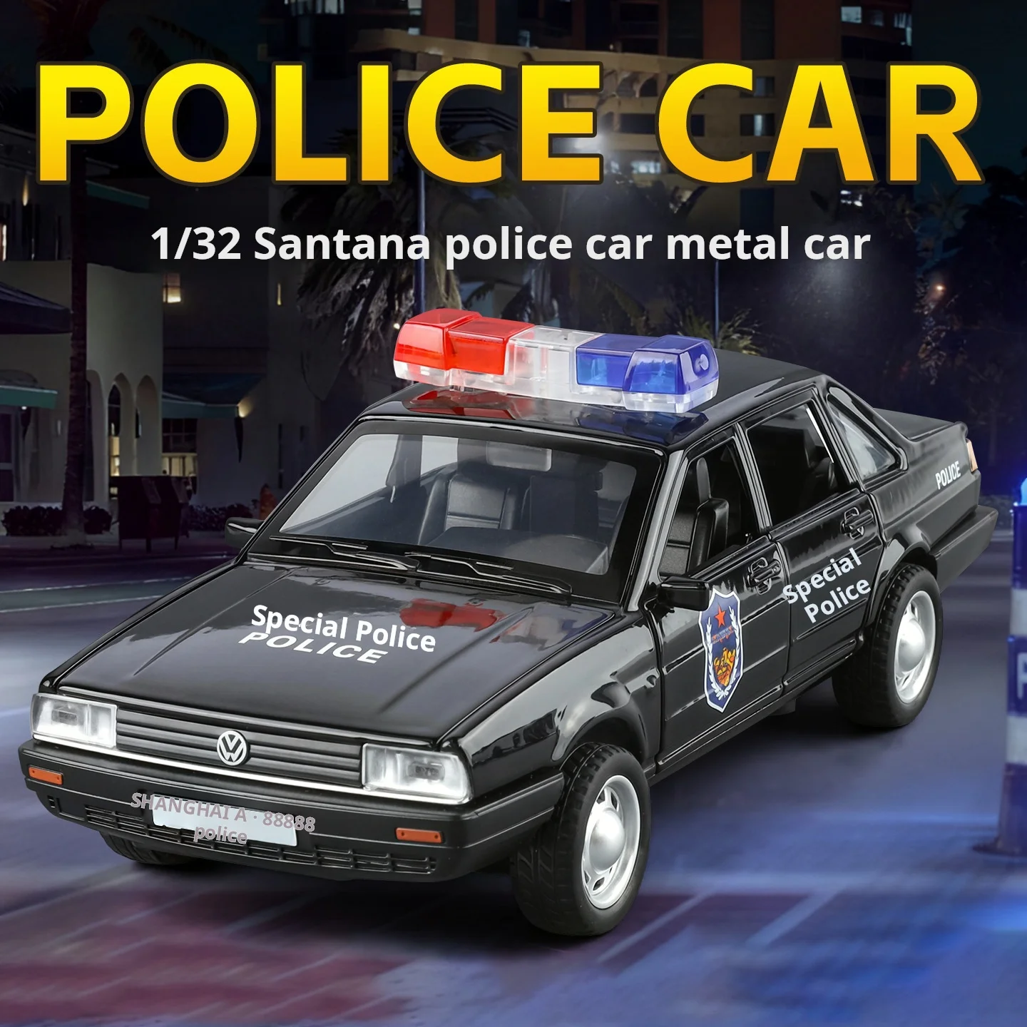 1:32 escala santana liga carro de polícia modelos fundidos portas abertas luz sonora puxar para trás veículo em miniatura para menino ornamento popular