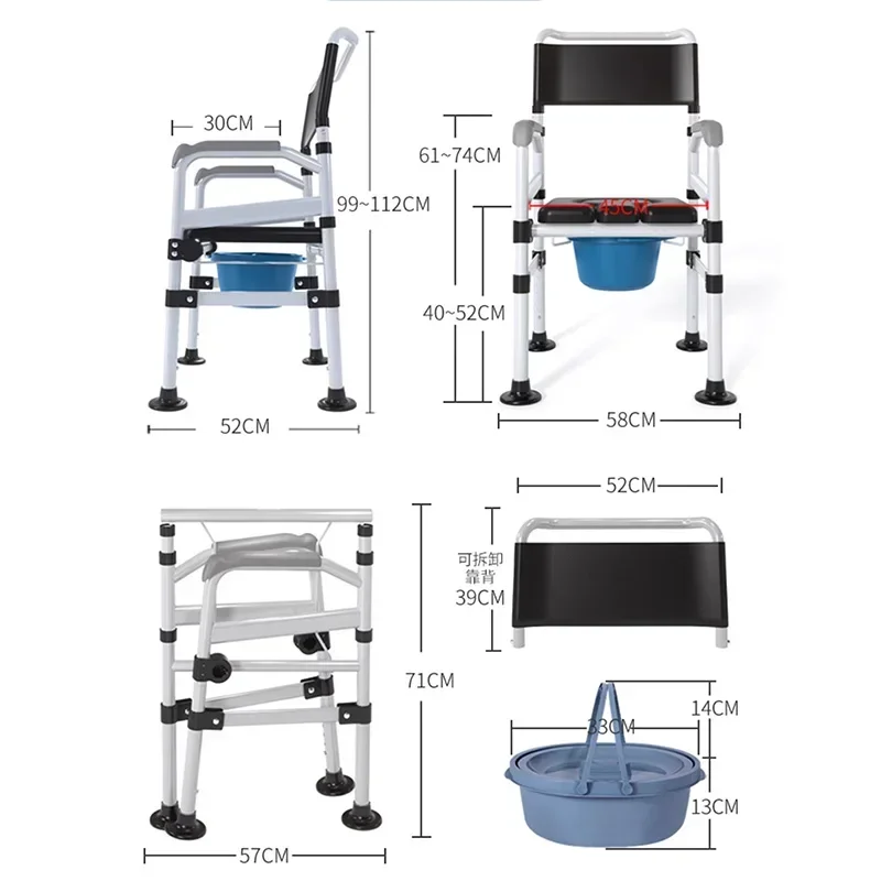 Asiento de elevación portátil, silla móvil reclinable, silla para ancianos, con bandeja, cómoda, con ruedas, andador