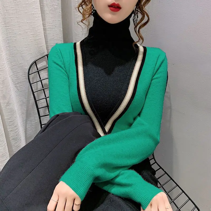 Sweter Rajutan Dasar Kerah Tinggi Perca Warna Kontras Elegan Korea Jumper Pullover Lengan Panjang Ramping Musim Gugur Musim Dingin Wanita