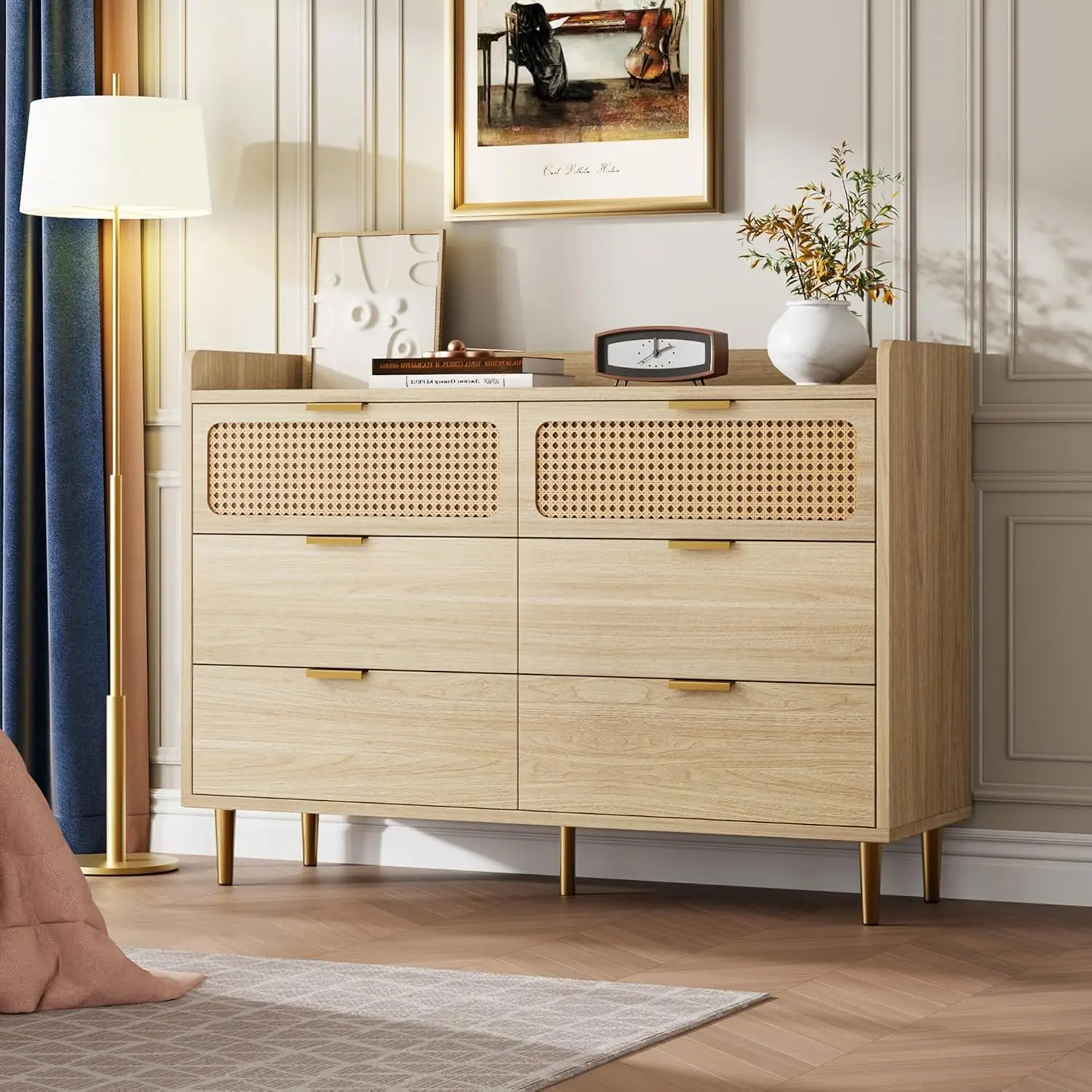 

GarveeHome Dresser Подставка под телевизор с рельсовым краем, 6-ящикный двойной комод, современный золотой шкаф середины века с высокими ножками, Ra