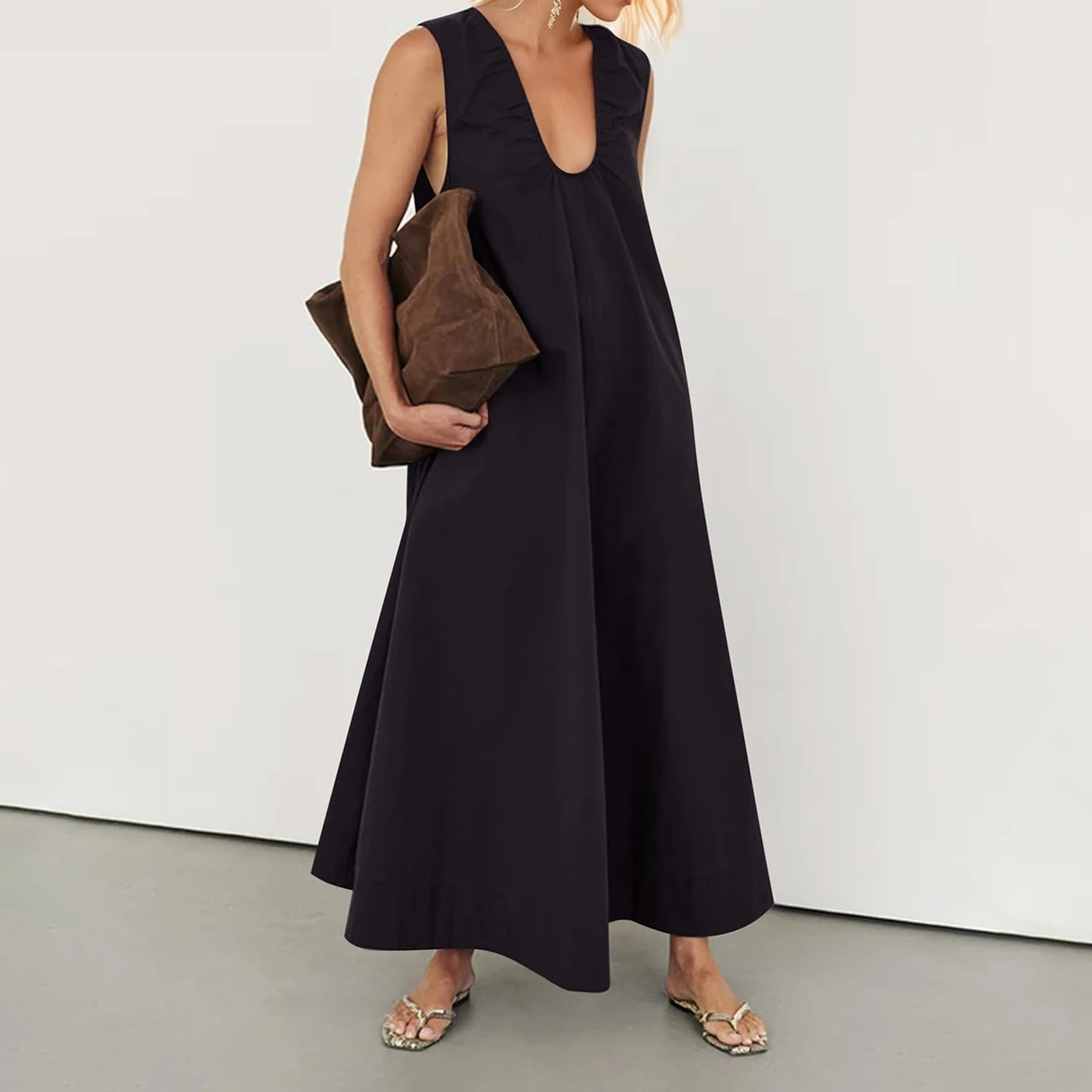 Women's Summer Fairycore Grunge Long Tank Dress Solid Color Sleeveless Scoop Neck Ruched Wide Shoulder Party Holiday Dress