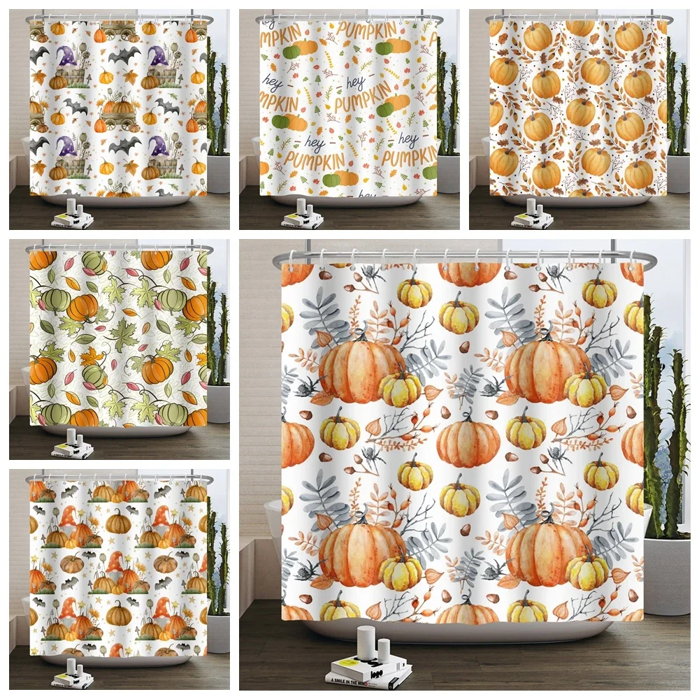 Autumn Pumpkin Shower Curtain Watercolor Fall Maple Thanksgiving Harvest Waterproof Bathtub Bathroom Shower Curtain Home Decor