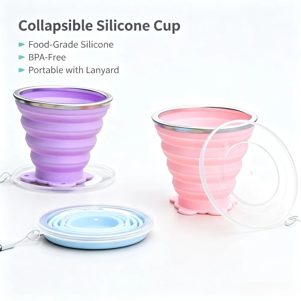 270ML Food‑Grade Silicone Collapsible Water Cup Heat‑Resistant Foldable Mug with Lid&Lanyard Portable Camping Drinking Cup