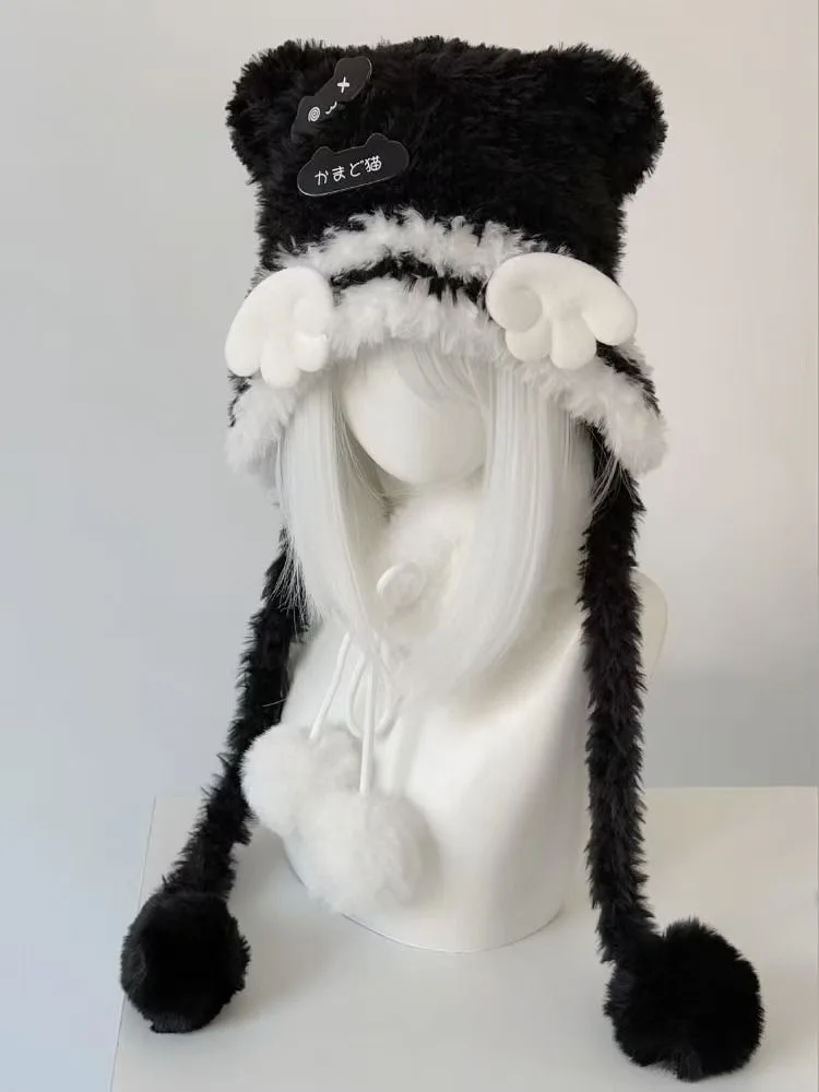 Fluffy Cat Ear Gothic Punk Lolita Y2K Spicy Girls Beanies Harajuku Angel Wings Patchwork Streetwear All-match Hats