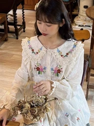 2024 Spring Sweet Embroidery Shirt Women Long Sleeve Doll Collar Lace Single Breasted Shirts