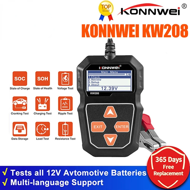 

KONNWEI KW208 Car Battery Tester 12V 100 to 2000CCA Cranking Charging Circut Battery Analyzer 12 Volts Battery Tools pk BM550