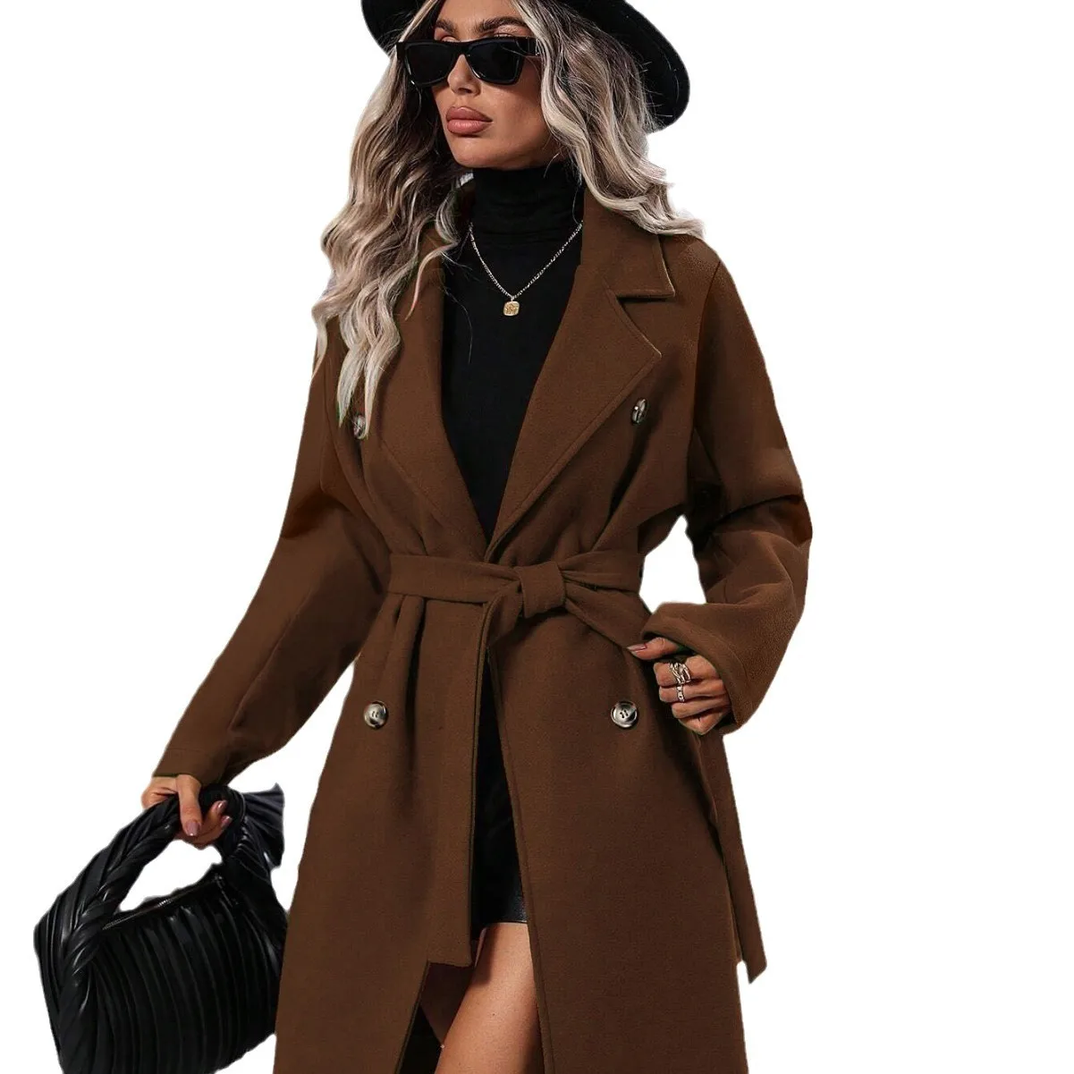 2025 Autumn and Winter European and American New Woolen Double-breasted Lace-up Woolen Coat Jacket Women