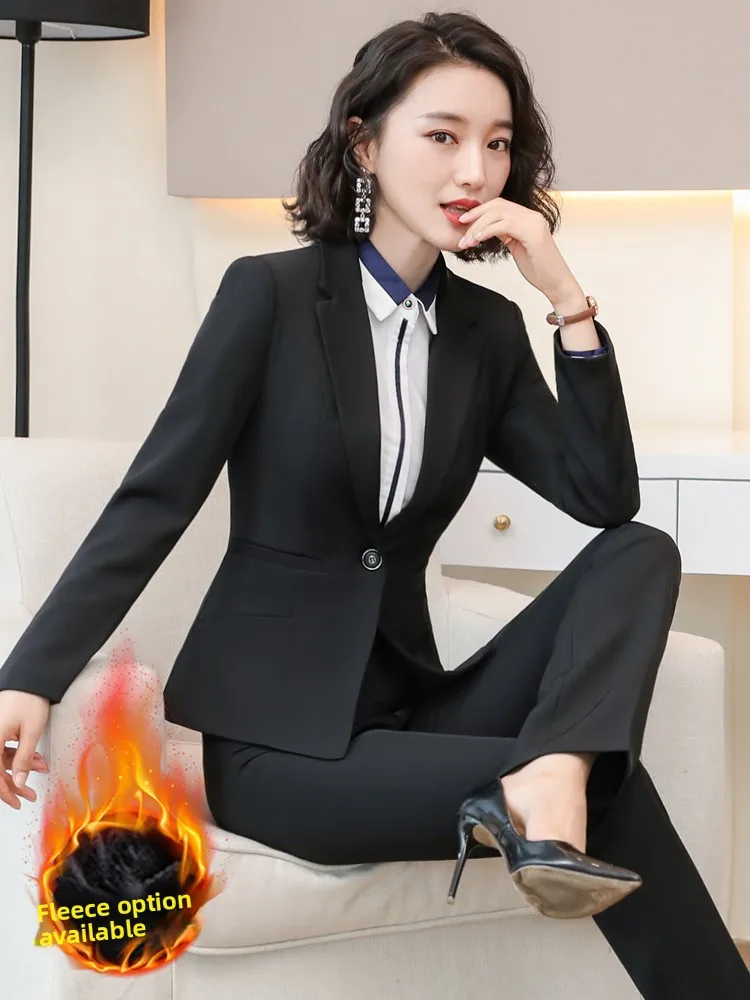 

Women's Fleece Lined Small Suit Jacket Winter Thickened Professional Workwear Uniform Set for Jewelry Store Hotel Manager