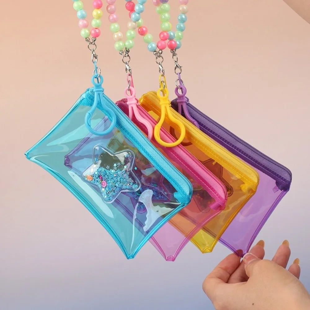 Cute Quicksand Coin Purse Colorful Transparent Small Wallet PVC with Beaded Lanyard Student Card Holder