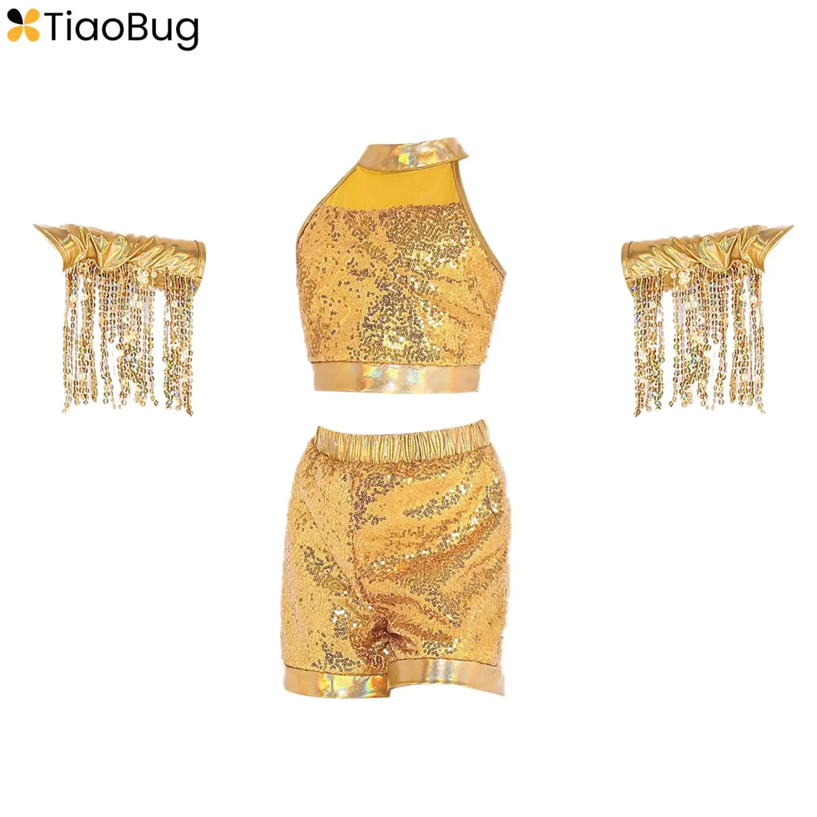 

Kids Girls Latin Dance Outfits Halter Self-tie Back Sleeveless Sequin Tassels Crop Top+Shorts+Fringed Gloves Ballroom Costume