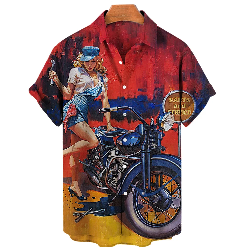 Hawaiian Mens Shirt Motorcycle Girl Car Summer Geometric Printed Oversized Short Sleeved Suitable Seaside Vacation Beach Casual