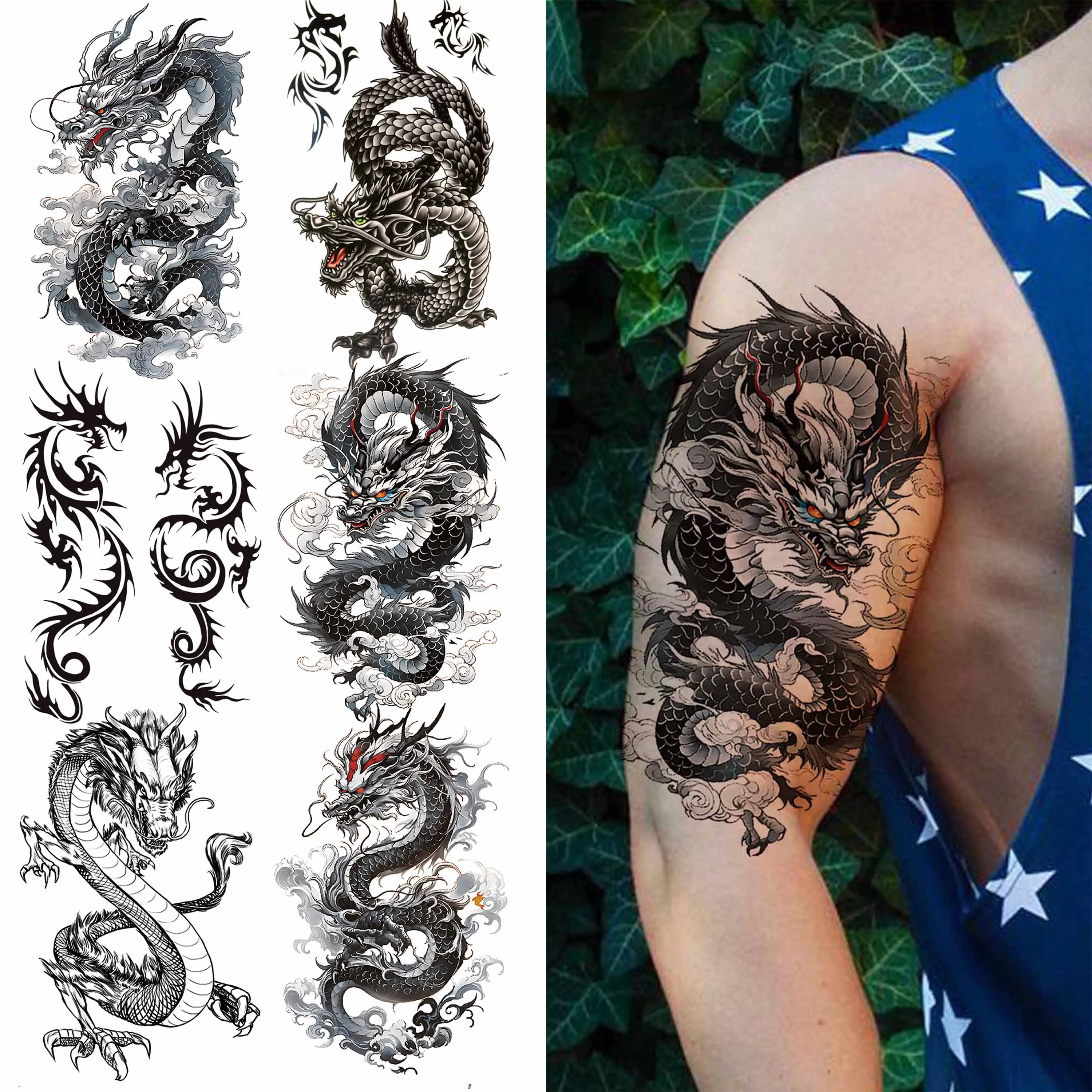 

1 лист, реалистичные временные татуировки с поддельным драконом для женщин, мужчин, взрослых, рукав, водостойкая боди-арт, татуировка, наклейка, одноразовая