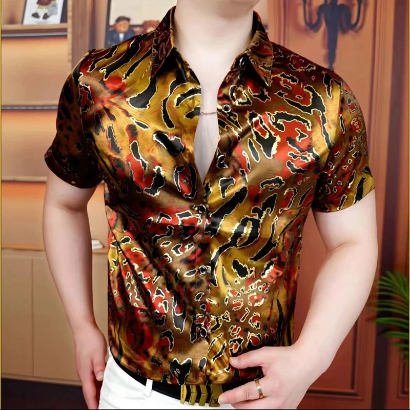 

Мужская рубашка с золотым принтом в стиле ретро, модная приталенная повседневная рубашка с коротким рукавом, деловая социальная рубашка с воротником с лацканами Camisa Masculina