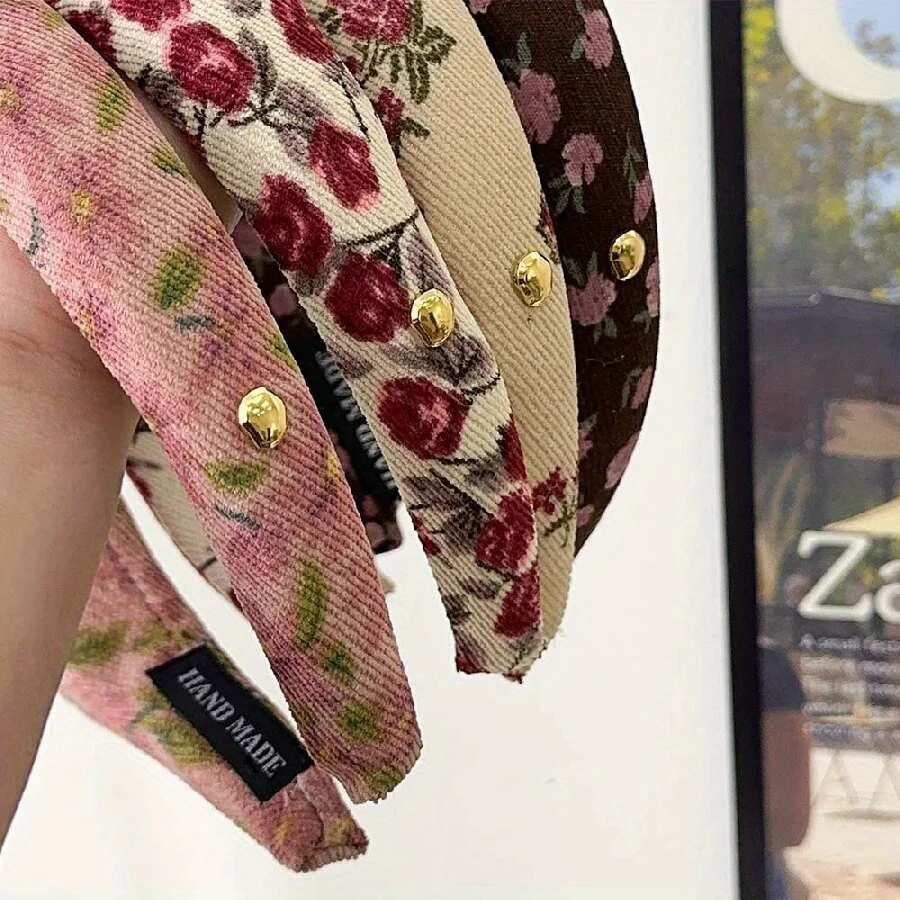 Diadema de esponja de sarga Floral para mujeres y niñas, diadema de flores de alta calidad, accesorios para el cabello para adultos, nueva moda