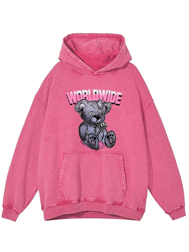 Hoodie dicuci wanita, gambar kartun boneka beruang mode nyaman Hoodie hangat katun Hoodie musim gugur pakaian serbaguna wanita