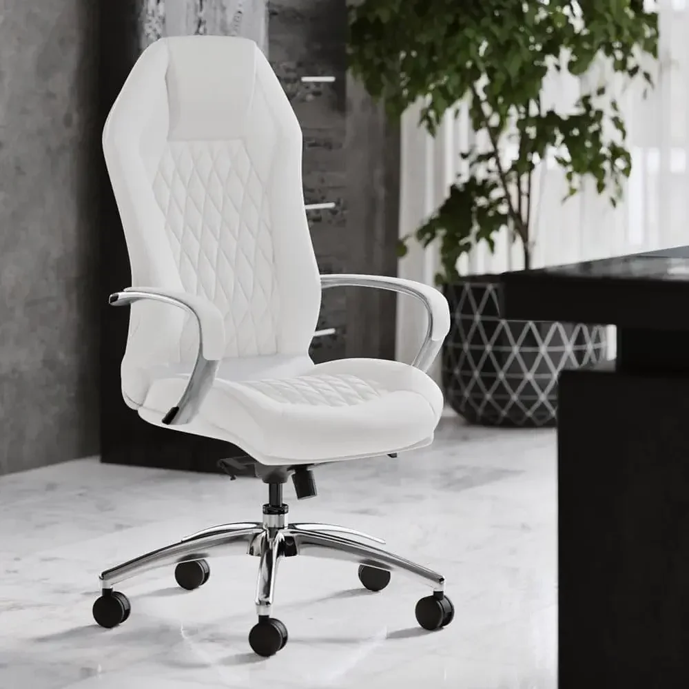 Furniture Modern Ergonomic Sterling Genuine Leather Executive Chair with Aluminum Base - White