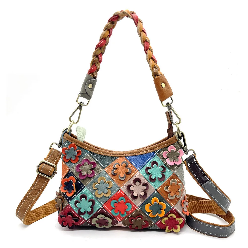 Bolso Hobo de Cuero Vacuno Hecho a Mano para Mujer, Bolso Bandolera con Parches Florales y Empalme de Colores, con Asa Trenzada