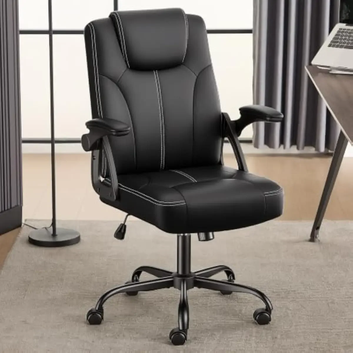 Ergonomic executive office chair with 360-degree swivel base, adjustable recline up to 125°, flip-up padded armrests, pneumatic