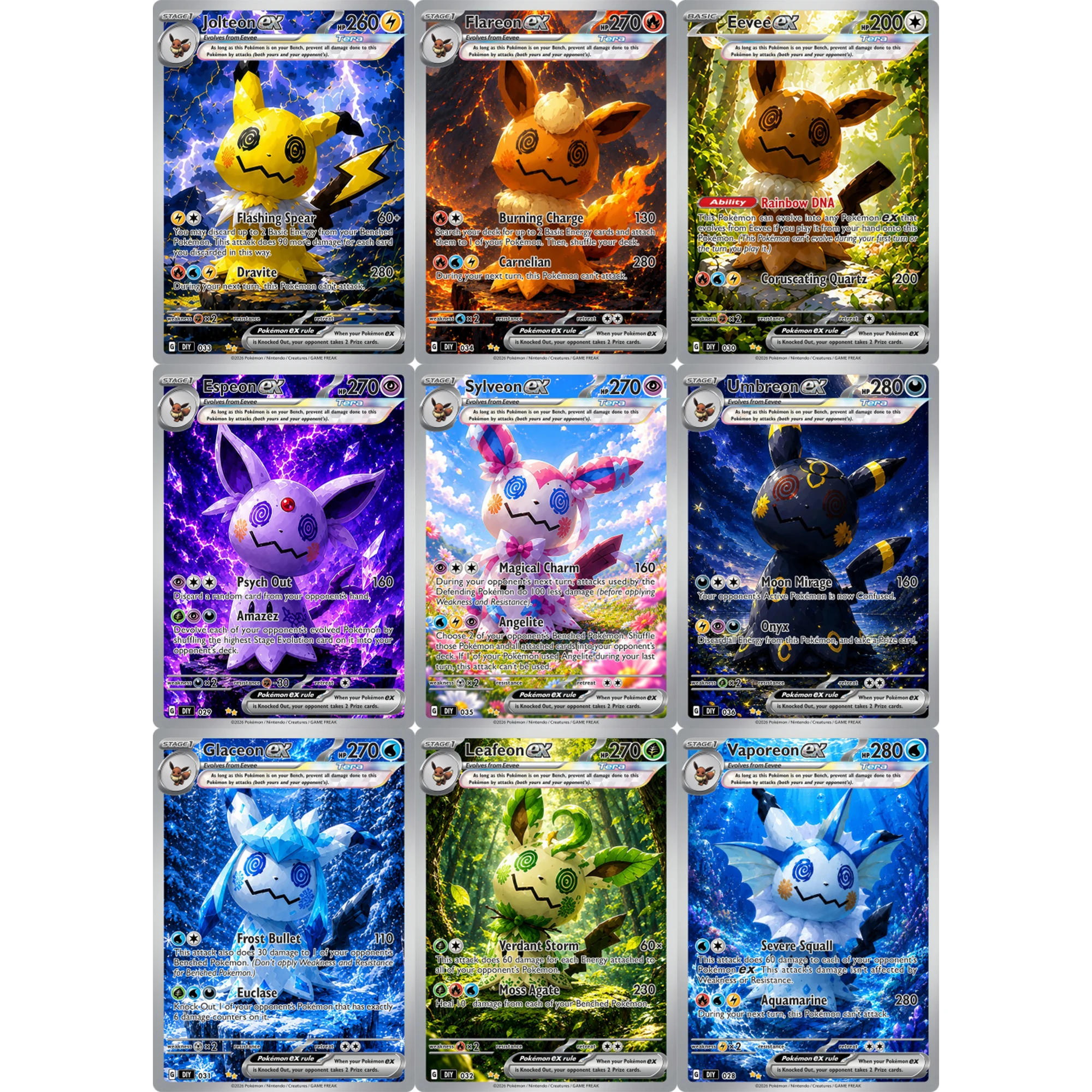 9Pcs/set Diy English Mimikyu Cos Eeveelution Umbreon Flash Card Espeon Vaporeon Self Made Classic Anime Collection Card Toy