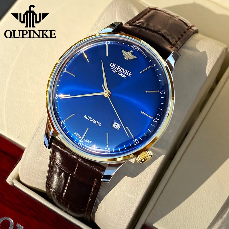 OUPINKE 3269 Mechanical Watch for Man Original Swiss Movement Leather Strap Waterproof 7mm Ultra-thin Automatic Movement Watch
