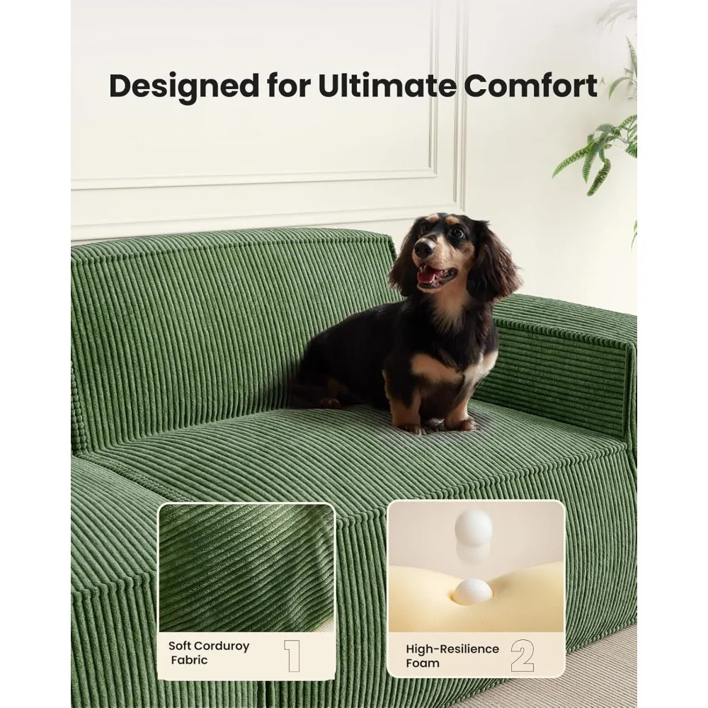 80-Zoll-Sofagarnitur in L-Form mit Chaiselongue, wolkenartigem Plüsch-Cordkissen und hohen Rückenlehnen für das Wohnzimmer