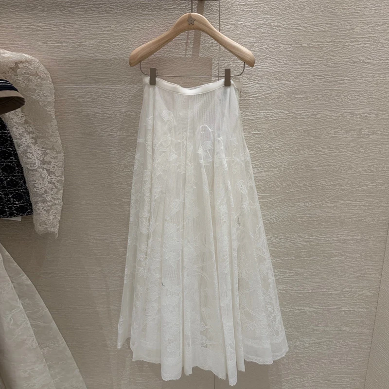 

Ele Embroidered Lace Vintage f Skirt with Hollow out Charm Faionable Spring Season Plant Floral Patterned Two-Piece Set