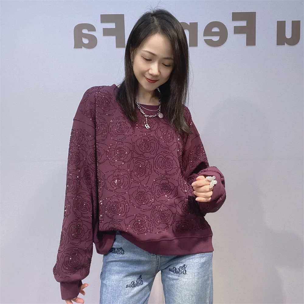 Ladies Rhinestone Short O-Neck Hoodies Autumn Winter New Fashion Versatile Loose Stylish Long Sleeved Top Pullover Sweatshirt