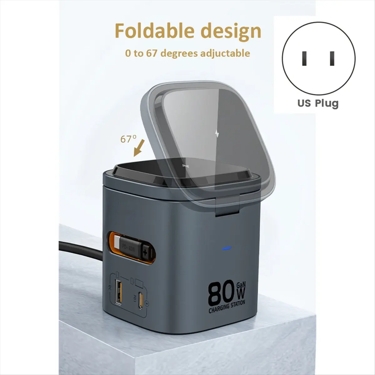 goodidea 80W 6-In-1 GaN Charging Station Wireless Adapter with Type C PD 60W Retractable Charging Cable Fast Charger US PLUG