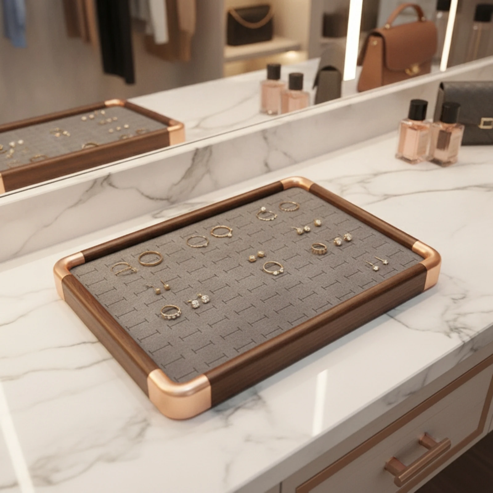 Jewelry Tray with Slots Wood-Grain Jewelry Display Tray Rectangular Low-Height for Dresser, Vanity