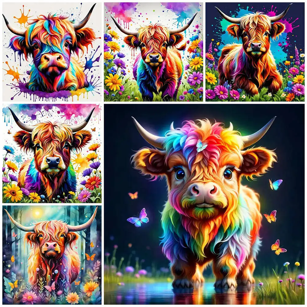 EverShine DIY Diamond Painting Highland Cattle Cow Animal Full Drill Diamond Embroidery Flower Colorful Mosaic Wall Decorations