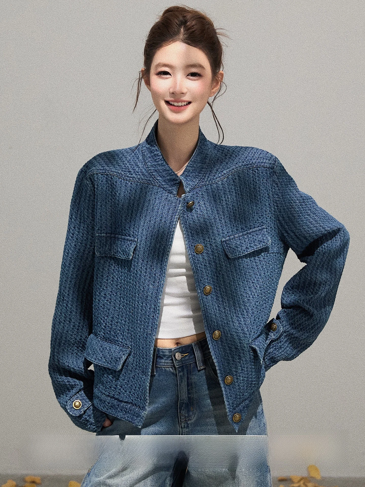 

Blue Textured Long Sleeve Loose Women's Jacket Stand Collar Casual Style Spring Fashion High-End Feeling Top by THROUs