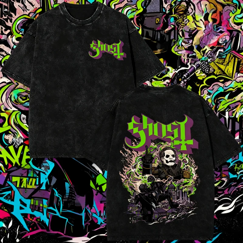 

2025 Summer Vintage Washed Ghost Skeletour World Tour Album Man Woman Classic Clothing Hip-hop 100% Pure Cotton Printed T-shirt